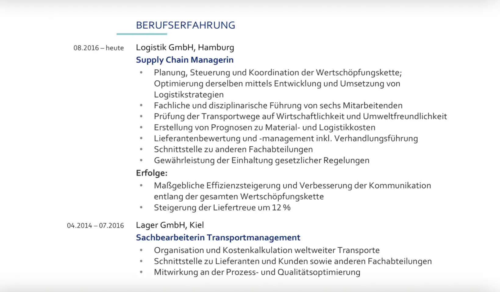 Bewerbung Logistik - Lebenslauf - Berufserfahrung