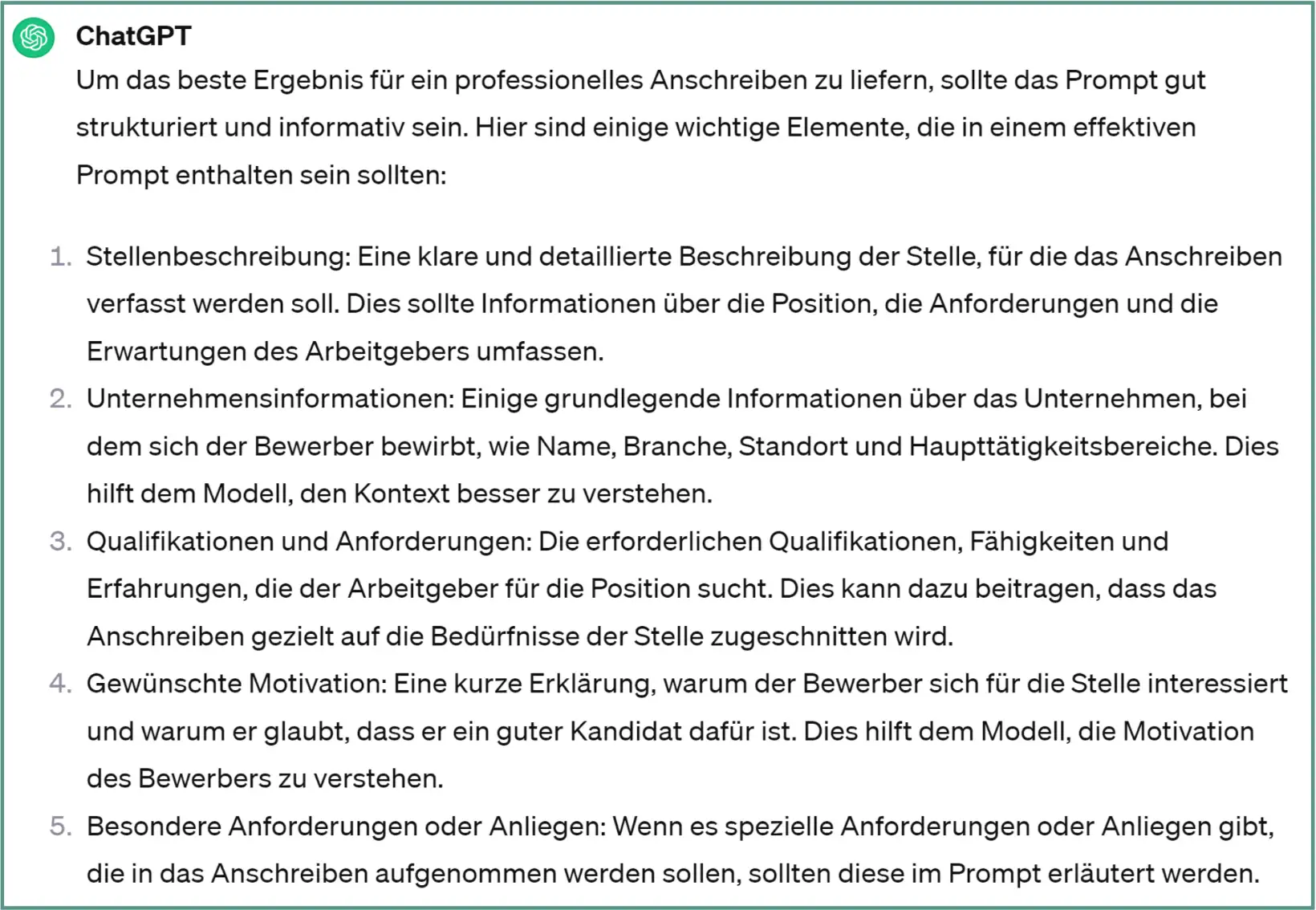 Anforderungen Prompt ChatGPT